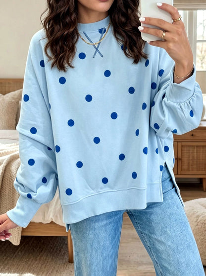 Women's Printed Crew-Neck Patchwork Relaxed-Fit Long-Sleeve Polka-Dot Sweatshirt in Blue - product view
