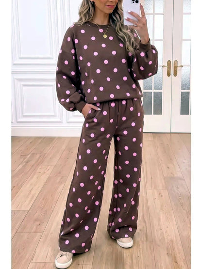 Women's Polka-Dot Wide-Leg Top & Pants Set in Beige - product view