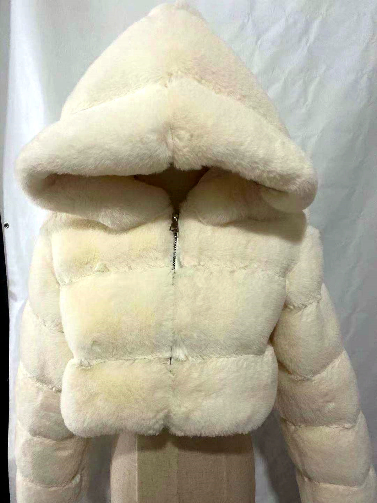 Faux-Fur Zip-Front Long-Sleeve Coat in White - product view