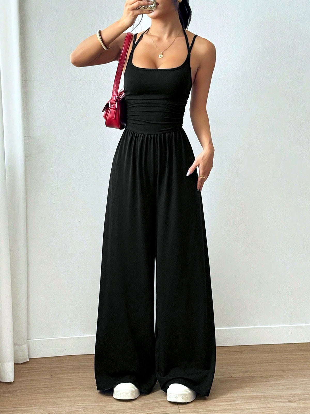 Women's Relaxed-Fit Sleeveless Stretch High-Waist Wide-Leg Jumpsuit in Black - product view