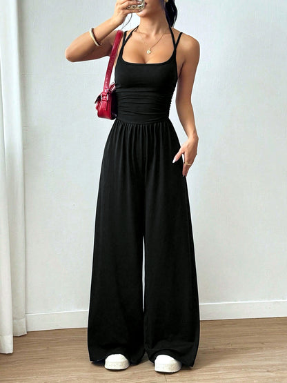 Women's Relaxed-Fit Sleeveless Stretch High-Waist Wide-Leg Jumpsuit in Black - product view