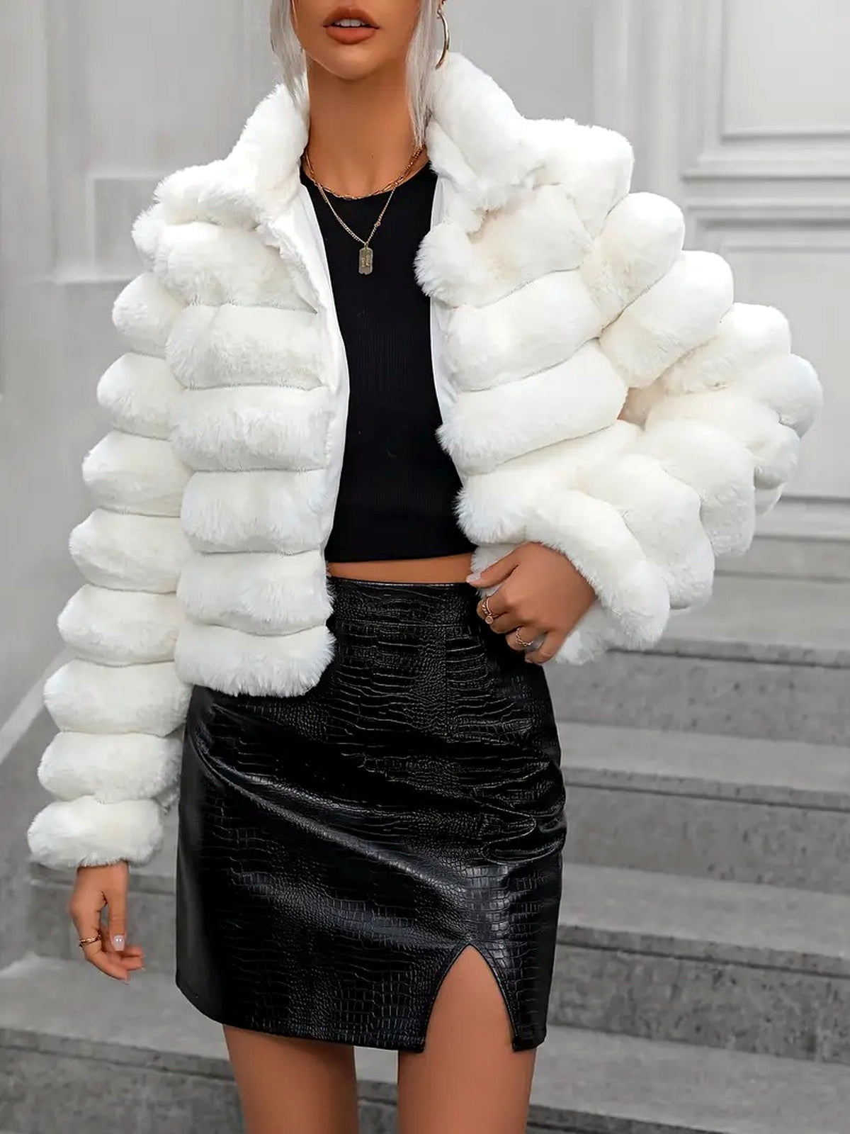 Women's Faux-Fur Long-Sleeve Coat in White - product view