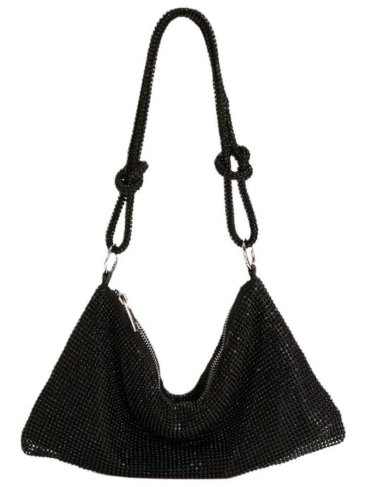 Women's Zip-Top Chain-Strap Rhinestone East-West Evening Pocket Shoulder Bag in Black - product view