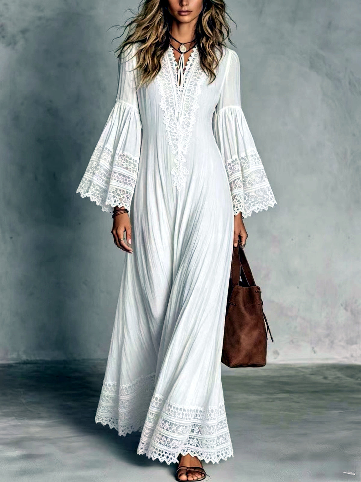 Lace-Trim Patchwork Vintage-Inspired Dress in White - product view