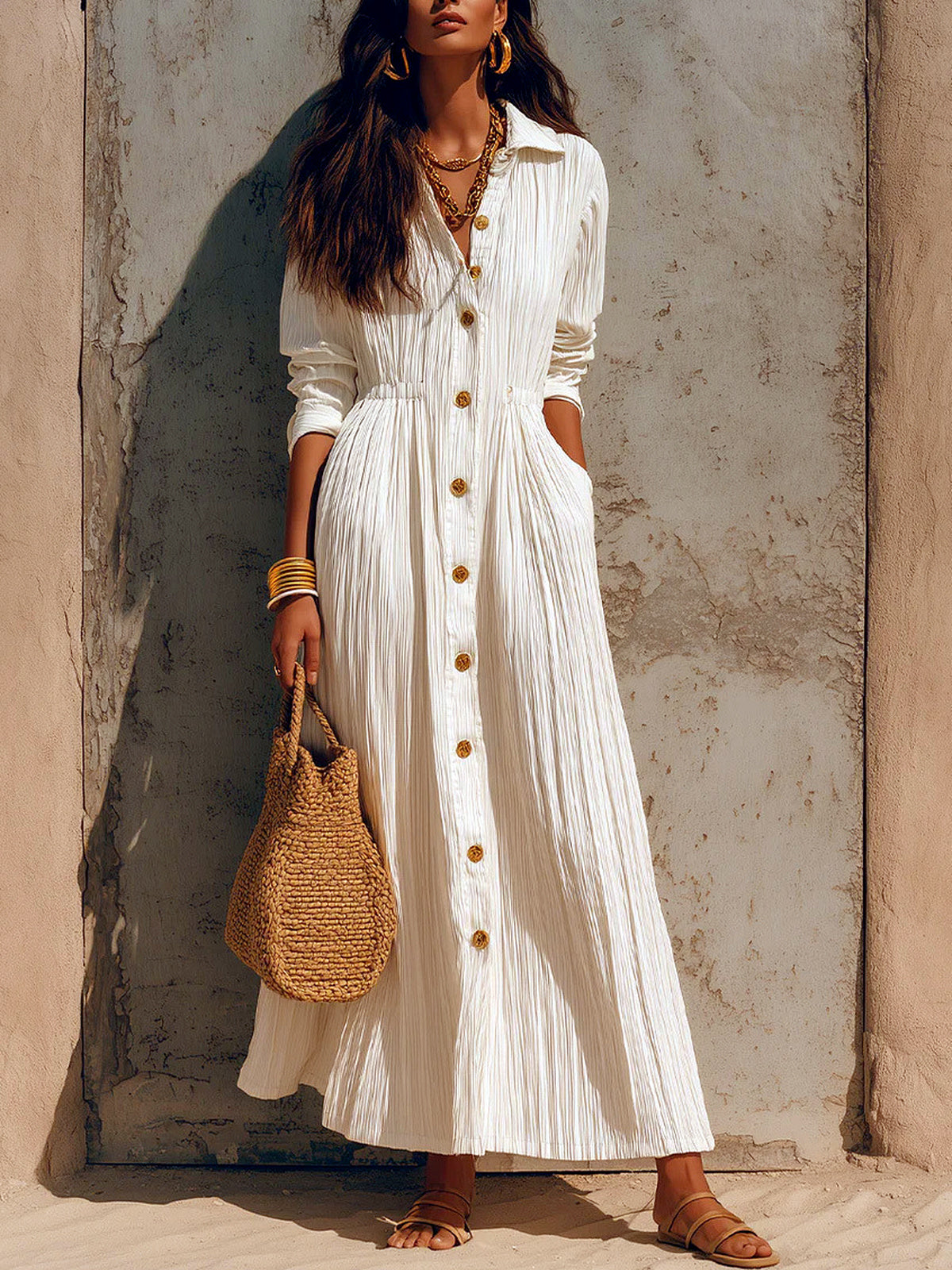 Women's Solid-Color Relaxed-Fit Slim-Fit Point-Collar Long-Sleeve Vacation Dress in White - product view