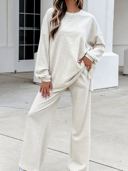 Women's Striped Printed Two-Piece Set in White - product view