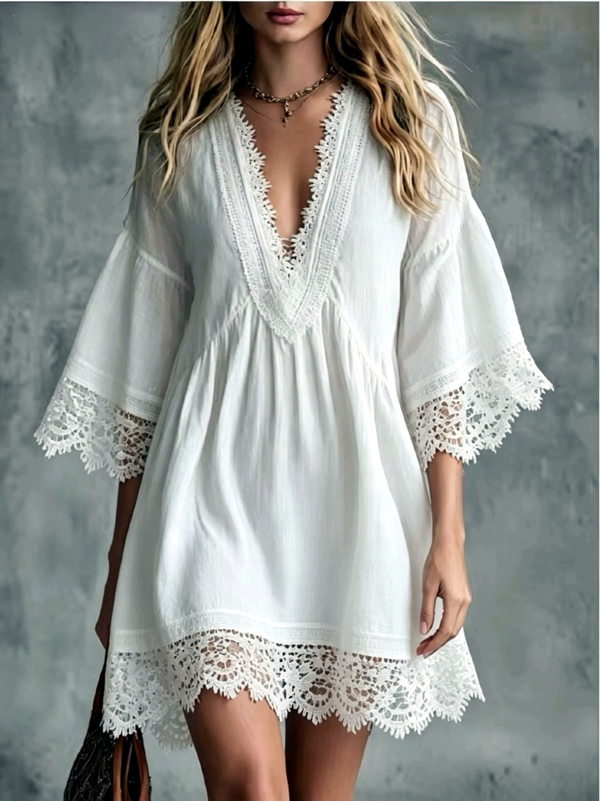 Women's Lace-Trim Patchwork Longline Mid-Length Dress in White - product view