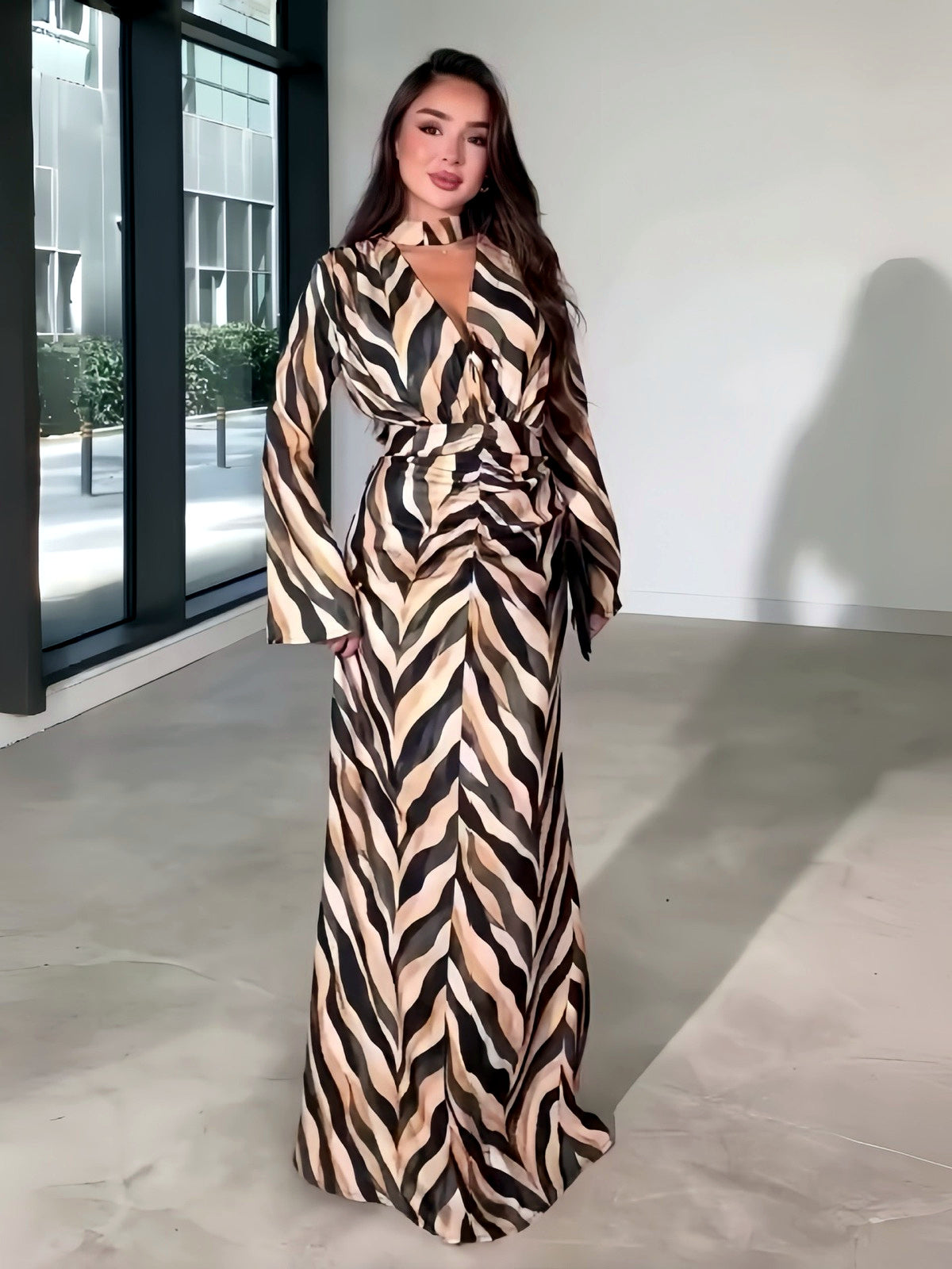 Printed V-Neck Pullover Long-Sleeve High-Waist Dress in Multicolor - product view