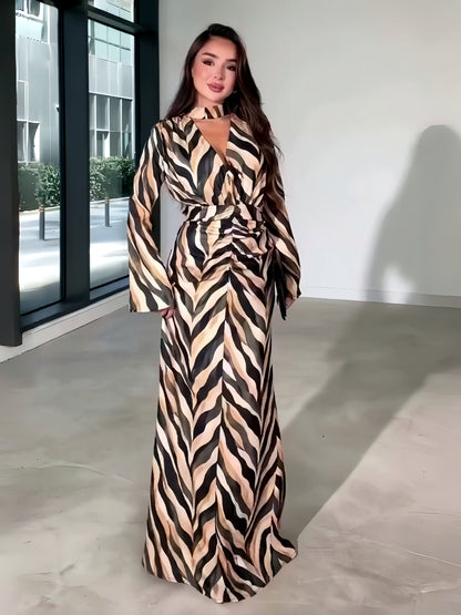 Printed V-Neck Pullover Long-Sleeve High-Waist Dress in Multicolor - product view