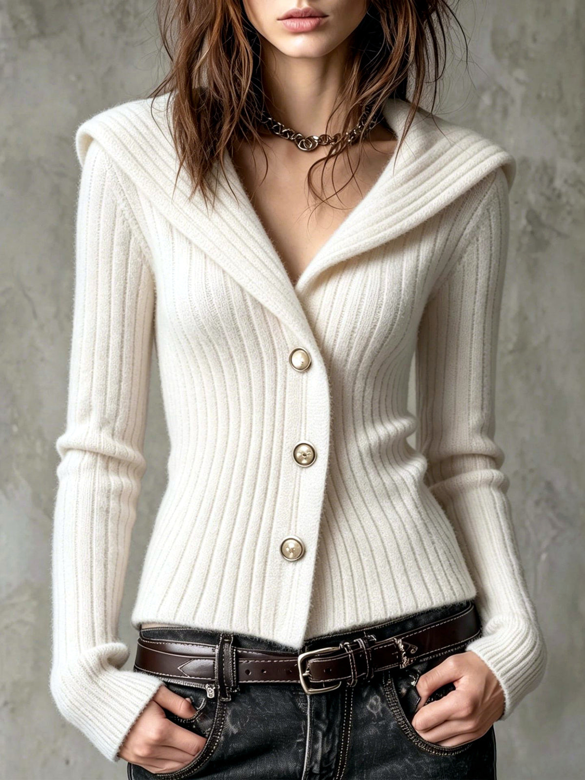 Women's Knit Solid-Color V-Neck Button-Front Slim-Fit Long-Sleeve Cardigan in White - product view