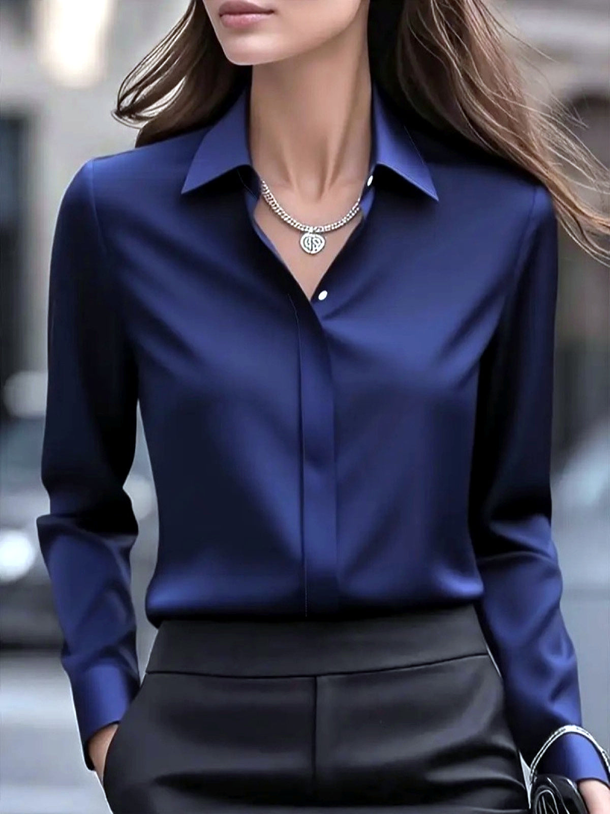 Women's Solid-Color Point-Collar Patchwork Button-Front Shirt in Navy - product view