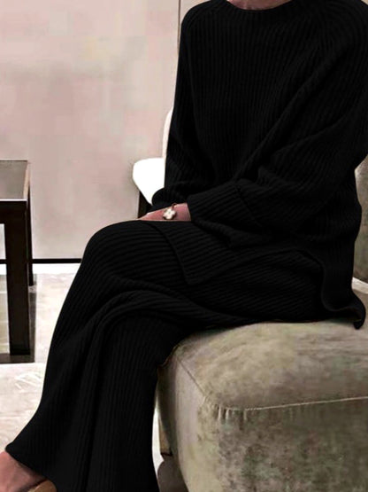 Women's Knit Solid-Color Long-Sleeve Two-Piece Set in Black - product view