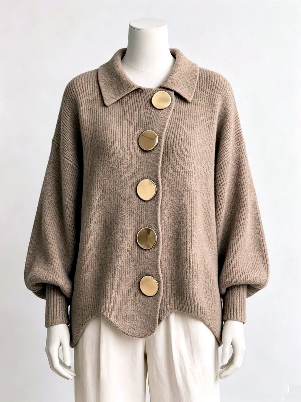 Knit Point-Collar Relaxed-Fit Cardigan in Khaki - product view