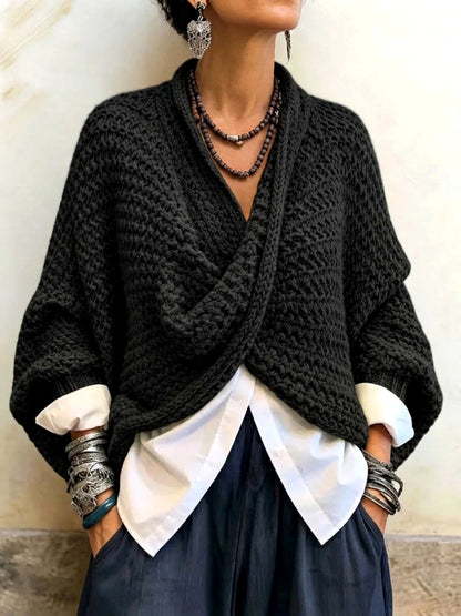 Knit Solid-Color V-Neck Pullover Relaxed-Fit Long-Sleeve Woven Sweater in Black - product view