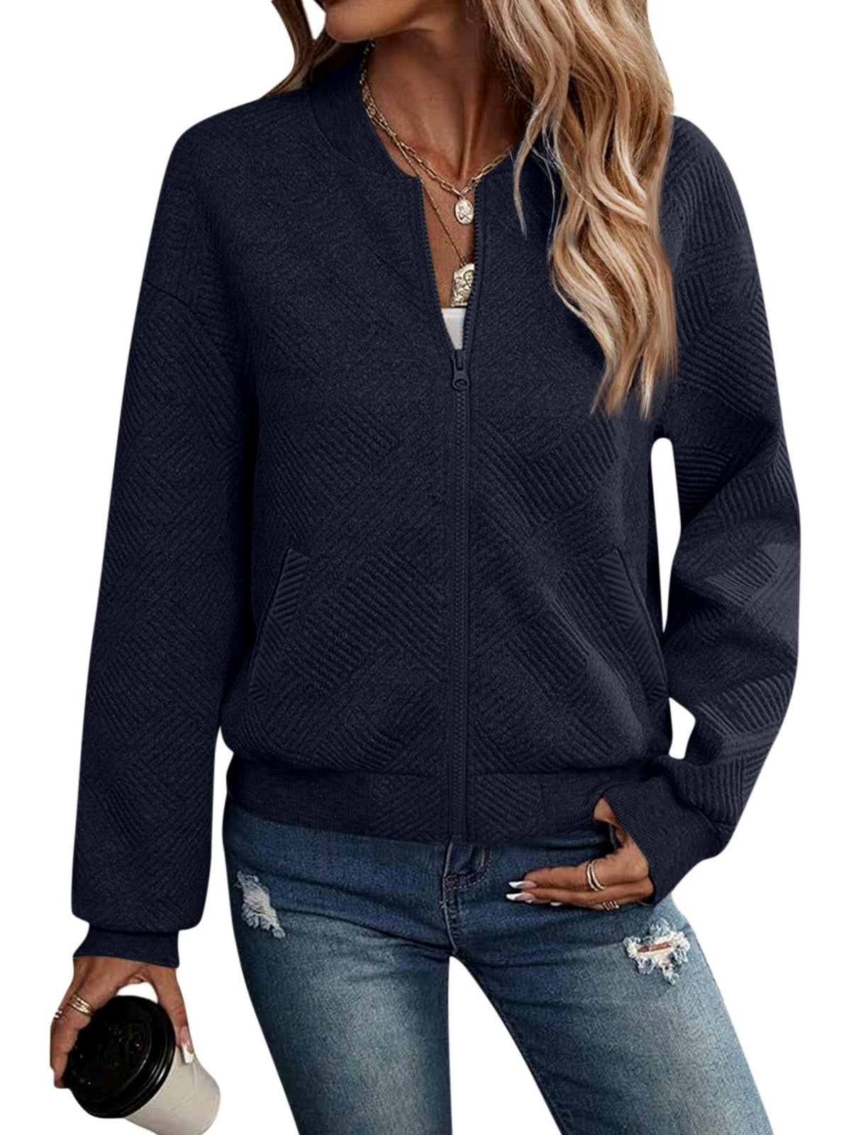 Women's Solid-Color Zip-Front Long-Sleeve Jacket in Navy - product view