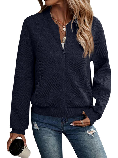 Women's Solid-Color Zip-Front Long-Sleeve Jacket in Navy - product view