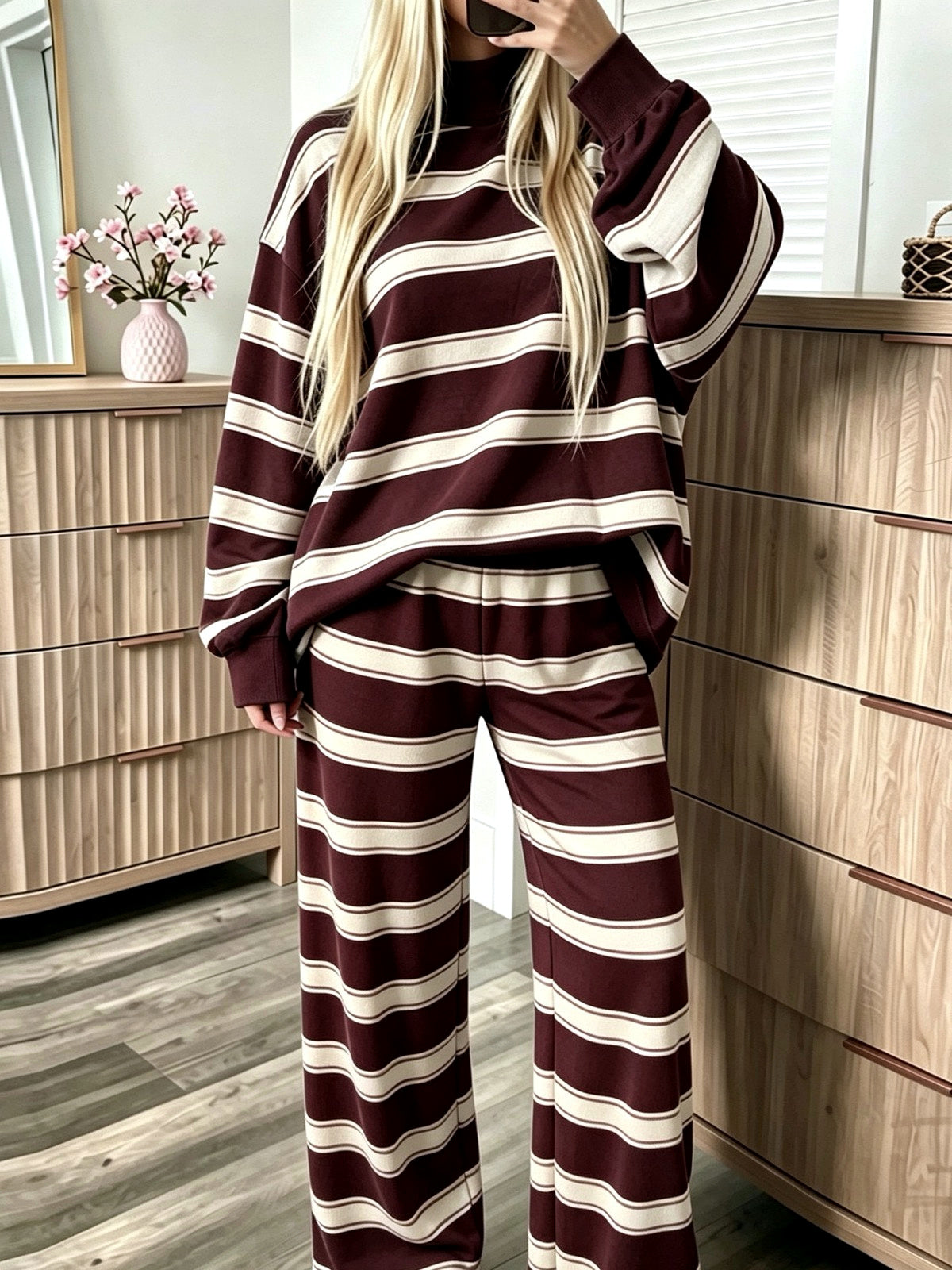 Women's Striped Printed Two-Piece Set in Burgundy - product view