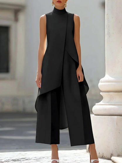 Solid-Color Patchwork Asymmetric Sleeveless Wide-Leg Top & Pants Set in Black - product view