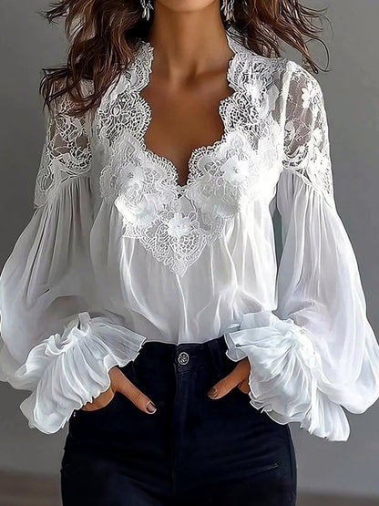 Women's Lace-Trim Patchwork Shirt in White - product view