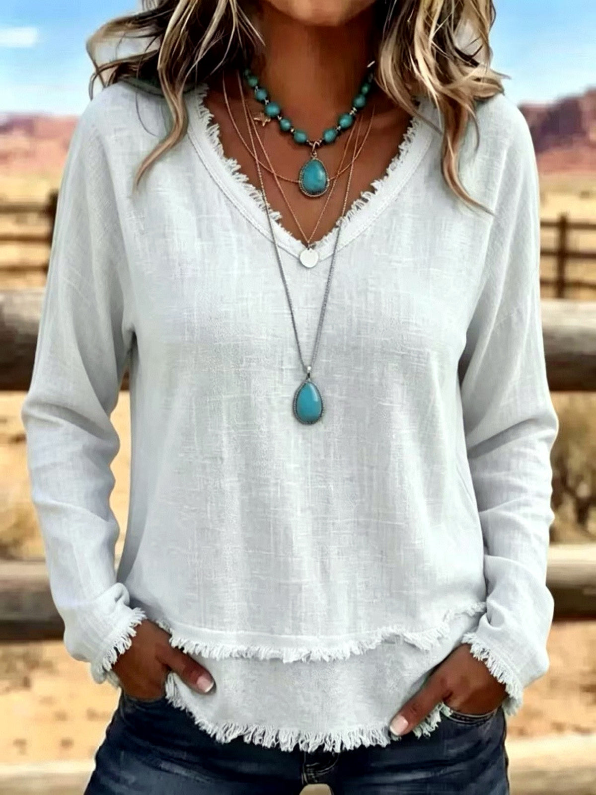 Women's Solid-Color V-Neck Relaxed-Fit Long-Sleeve T-Shirt in White - product view