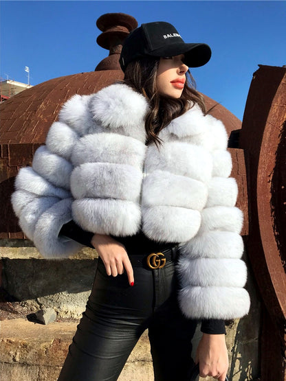 Women's Faux-Fur Point-Collar Stand-Collar Patchwork Long-Sleeve Coat in White - product view