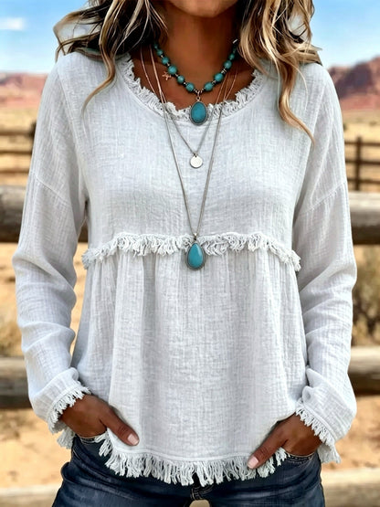 Crew-Neck Long-Sleeve Vintage-Inspired Shirt in White - product view