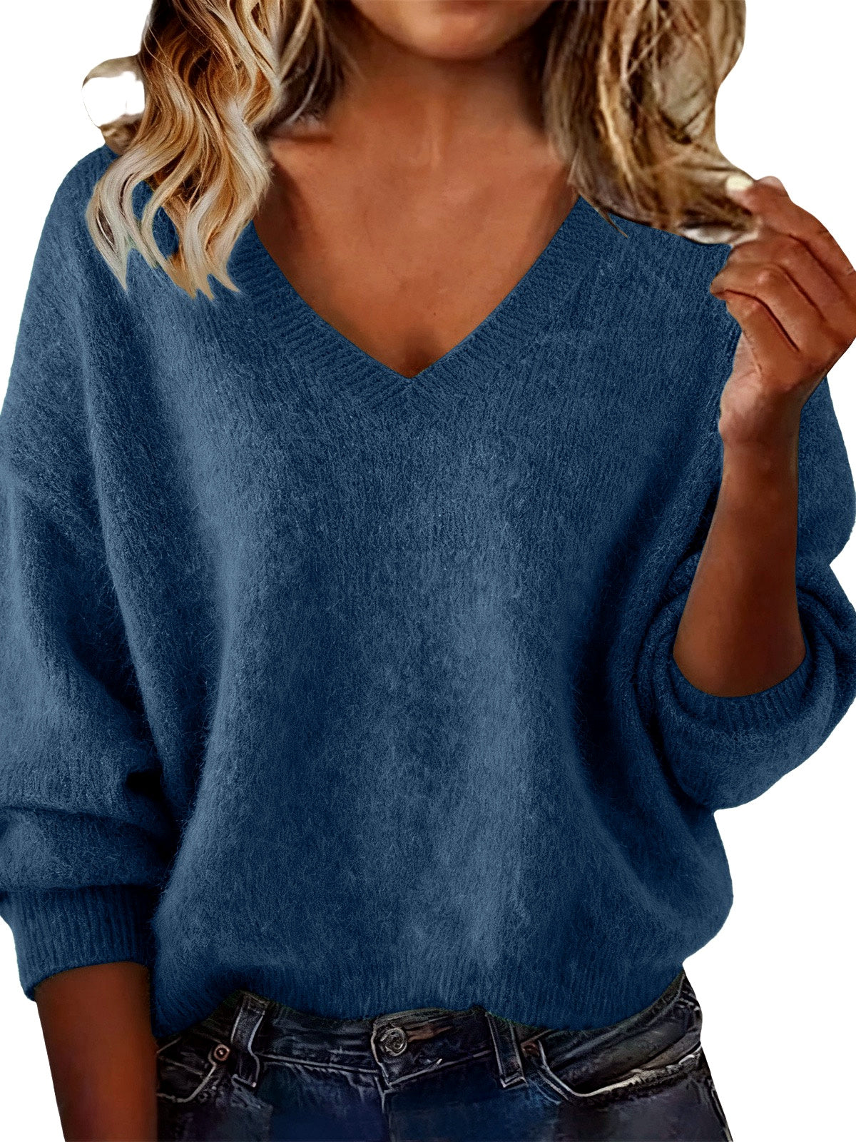 Women's V Solid Color Long Sleeve Knit Patchwork Relaxed-Fit Sweater in Navy - product view