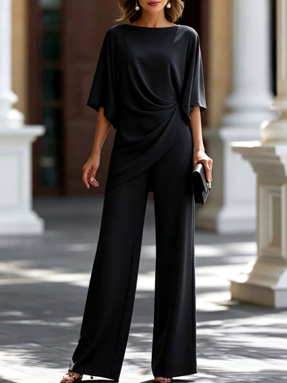 Solid-Color Relaxed-Fit Batwing-Sleeve High-Waist Top & Pants Set in Black - product view