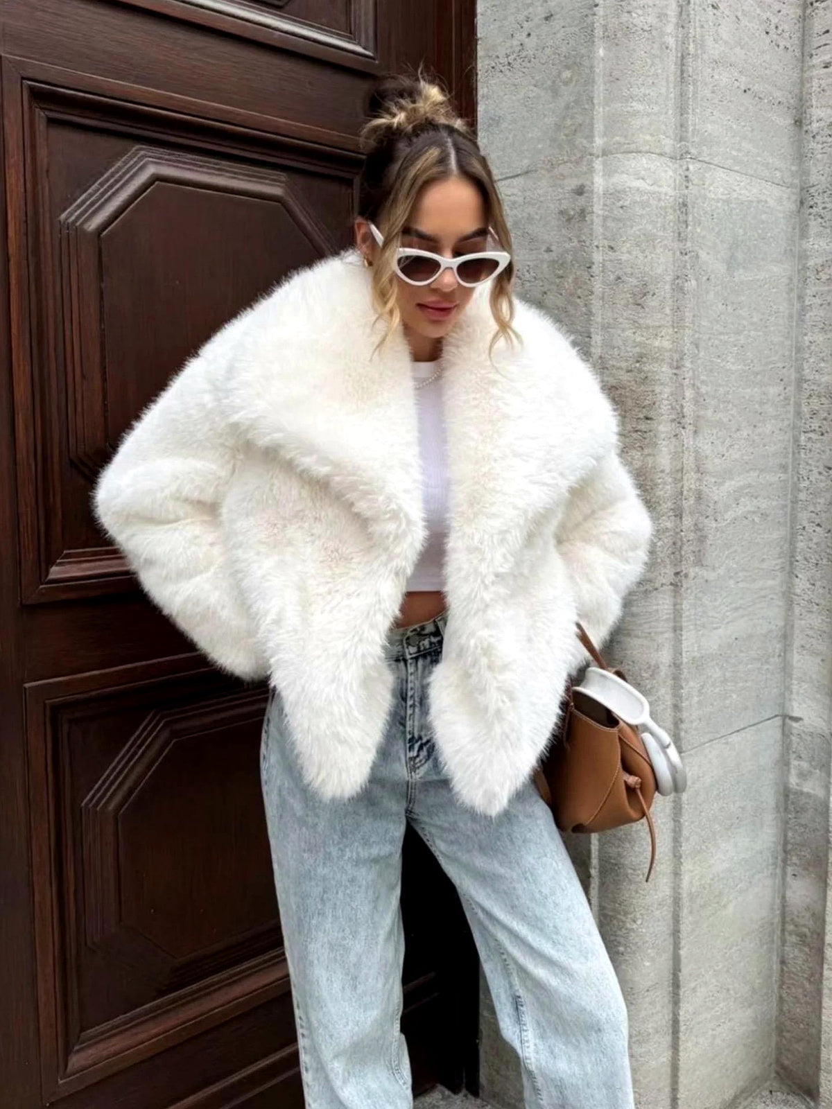 Women's Faux-Fur Point-Collar Long-Sleeve Pocket Coat in White - product view
