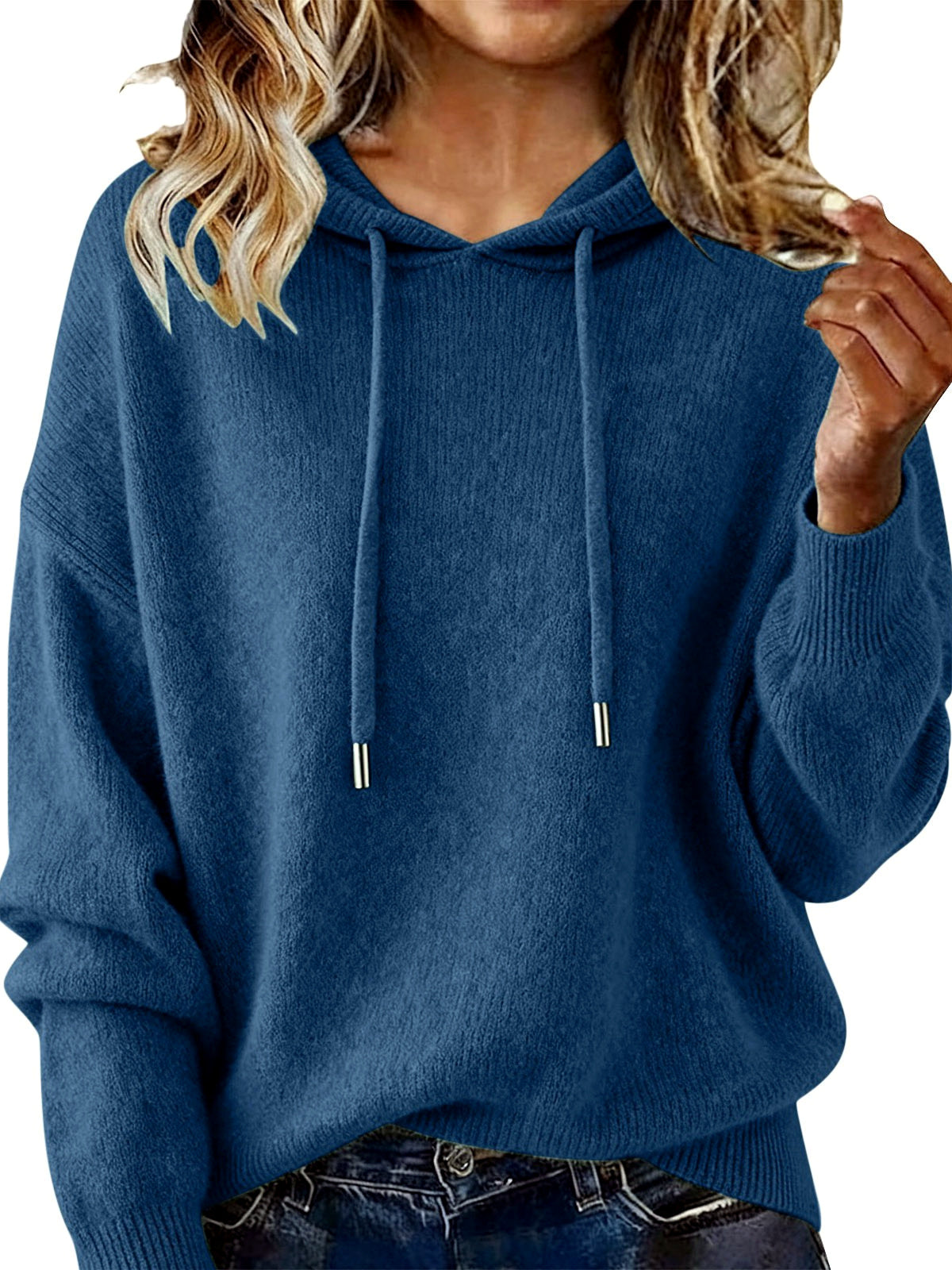 Women's Solid Color Long Sleeve Knit Sweater in Navy - product view