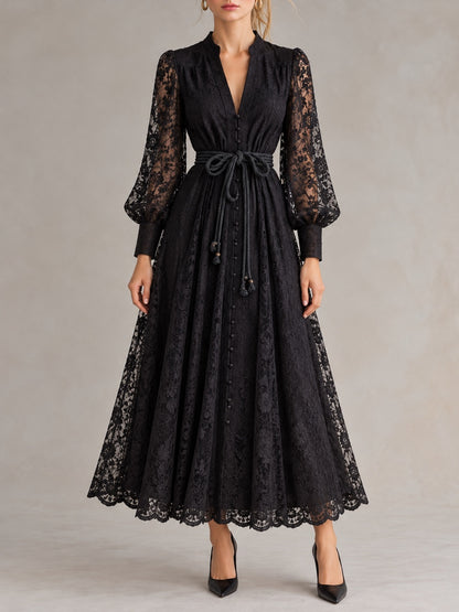 Women's Solid-Color V-Neck Lace-Trim Long-Sleeve Puff-Sleeve Dress
