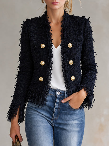 Tweed-Texture Fringe-Trim Cropped Blazer