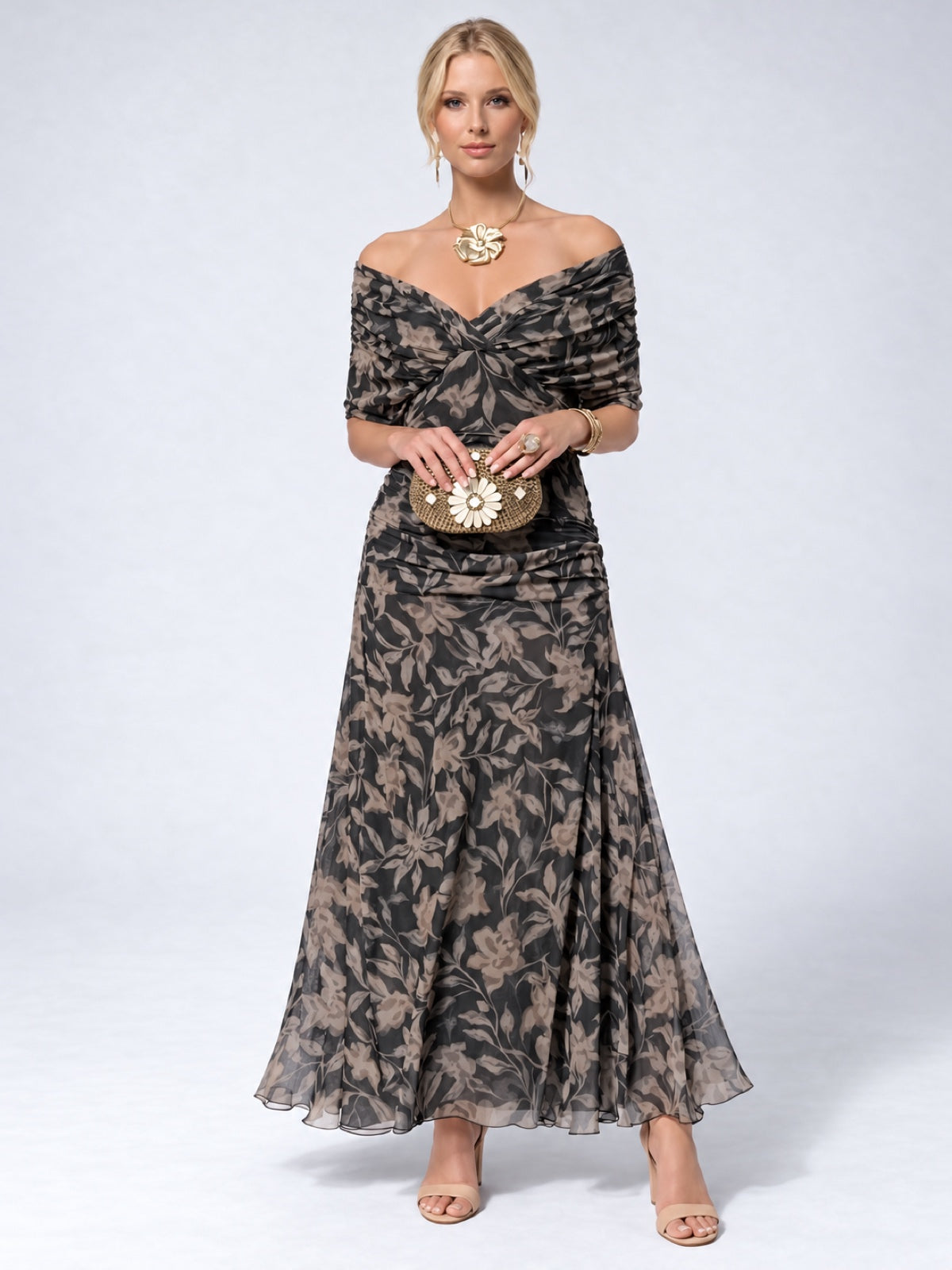Women's Printed Solid-Color V-Neck Off-Shoulder Pullover Stretch Dress