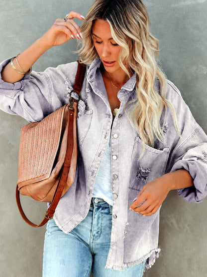 Women's Long Sleeve Open Front Blazer Cardigan Solid Color Casual Denim Raw-Hem Point-Collar Jacket in Light Purple - product
