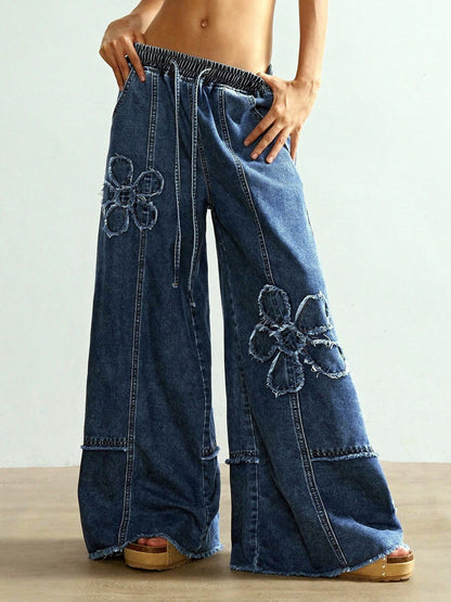 Women's High Waist Embroidered Wide Leg Jeans, Floor Length Streetwear Denim Pants