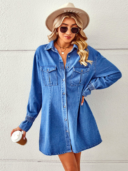 Women's Washed Denim Shirt Dress, Long Sleeve Loose Button Front Jean Tunic Dress with Pockets