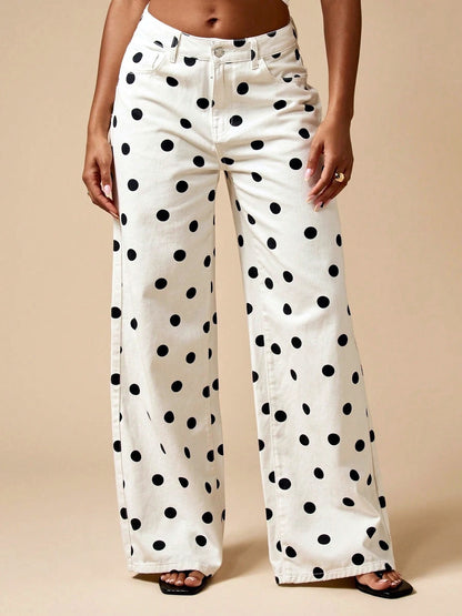 Women's High Waist Printed Wide Leg Jeans, Polka Dot Straight Denim Pants