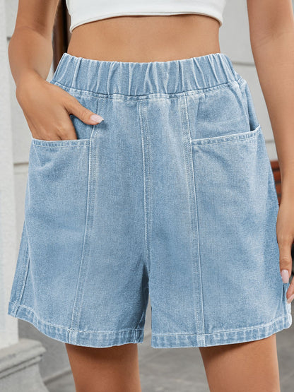 Women’s Elastic Waist Washed Denim Bermuda Shorts Loose Fit Summer Casual Jean Shorts with Pockets