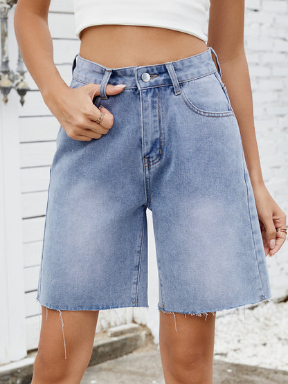 Women’s Washed Straight Denim Bermuda Shorts Raw Hem Casual Streetwear Jean Shorts