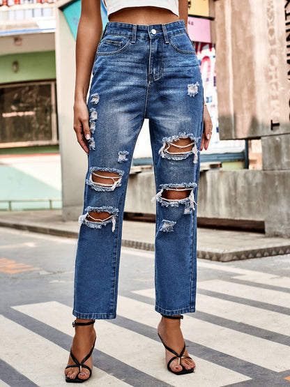 Women's Destroyed Straight Leg Jeans, Washed Ripped Denim Pants with Casual Ankle Length Fit