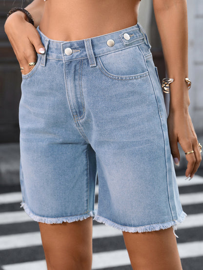 Women’s Washed Denim Bermuda Shorts Adjustable Waist Raw Hem Casual Jean Shorts