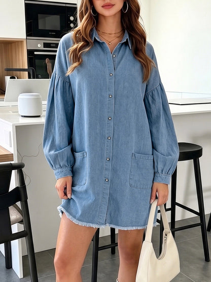 Women's Washed Denim Shirt Dress, Long Sleeve Button Front Loose Midi Dress with Lantern Sleeves
