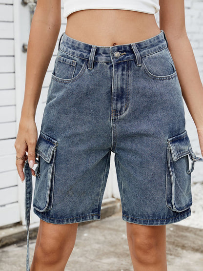 Women’s Washed Cargo Denim Bermuda Shorts Mid Waist Utility Pocket Streetwear Jean Shorts