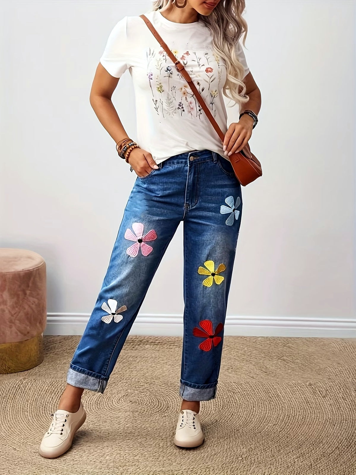 Women's Embroidered Straight Jeans, High Waist Stretch Denim Pants with Rolled Cropped Hem