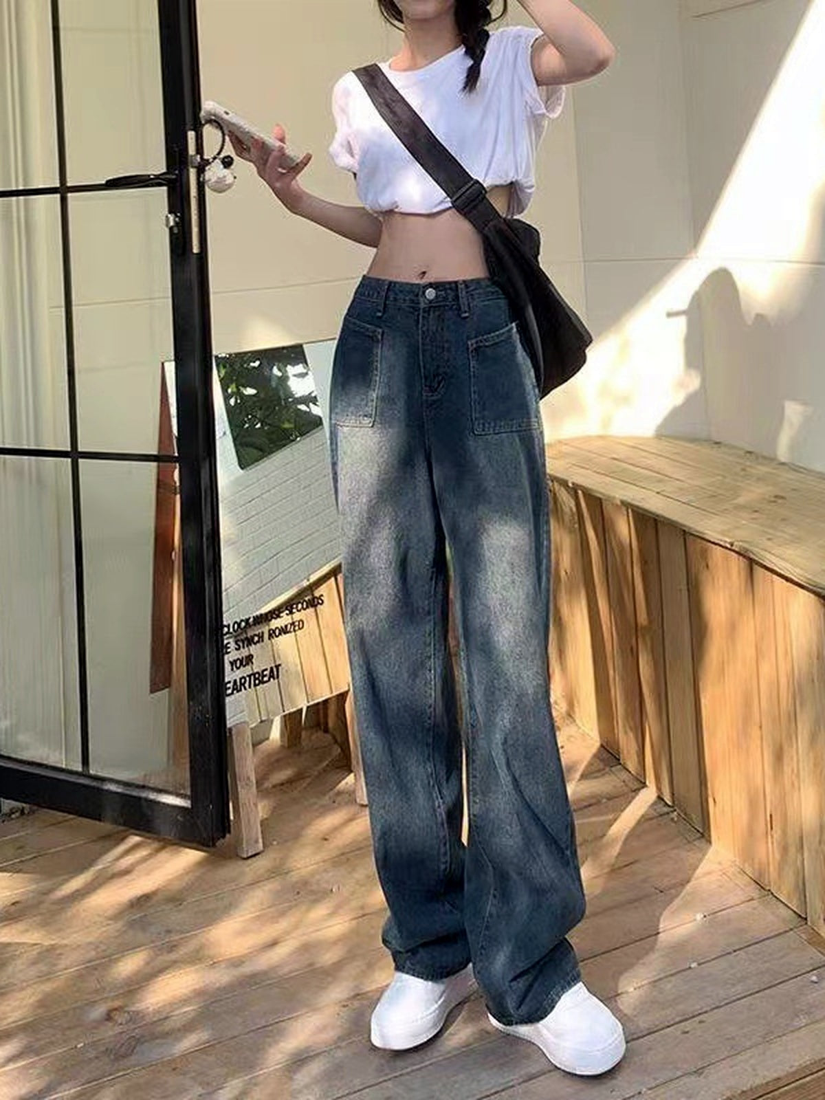 Women's Blue Gray Wide Leg Jeans, High Waist Loose Straight Denim Pants for Petite Casual Looks