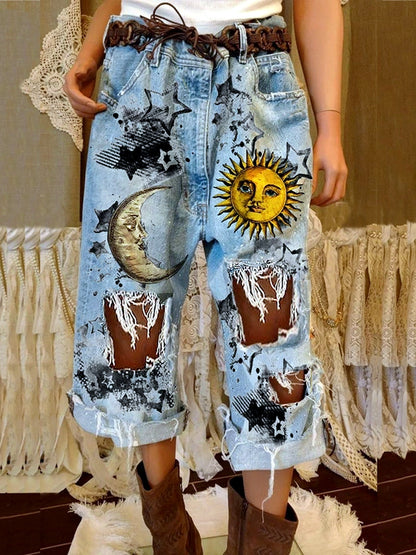 Women's Denim Printed Relaxed-Fit Mid-Rise Pocket Streetwear Jeans - product detail view 1