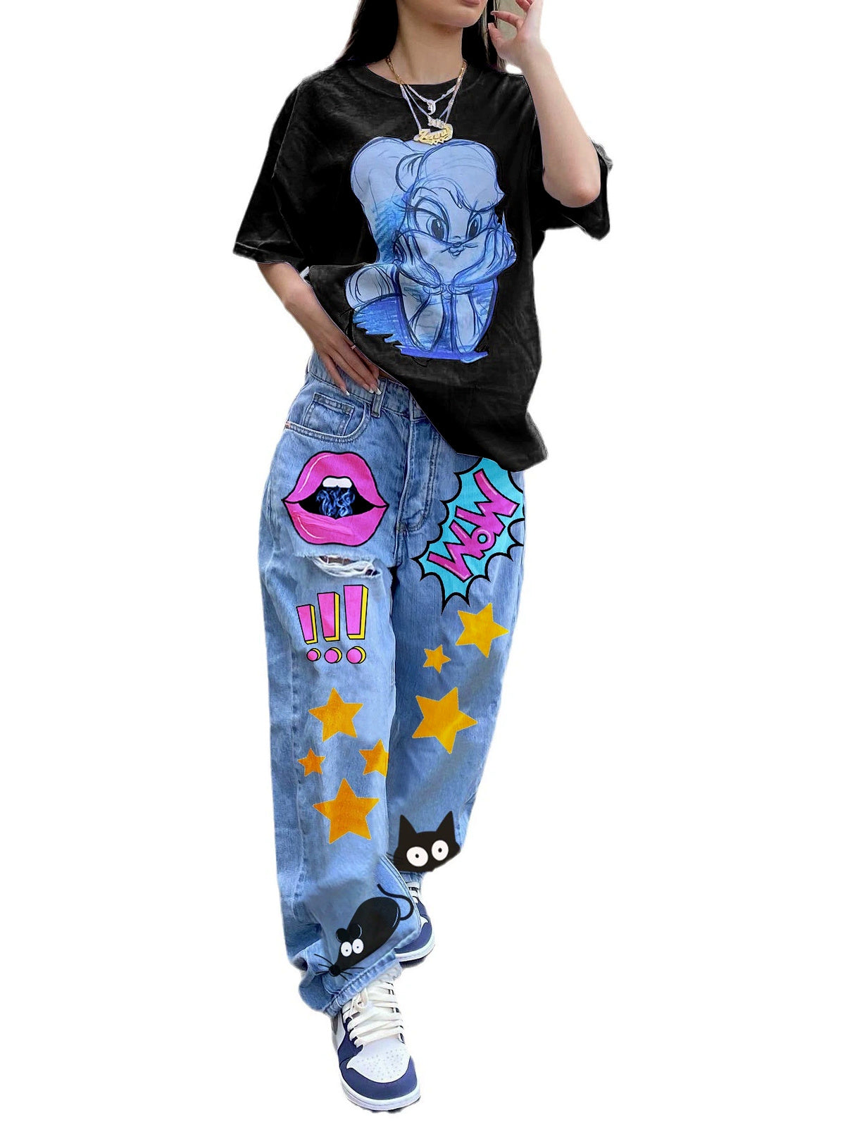 Women's Denim Printed Relaxed-Fit Slim-Fit Straight-Leg Zip-Front Pants - product detail view 1