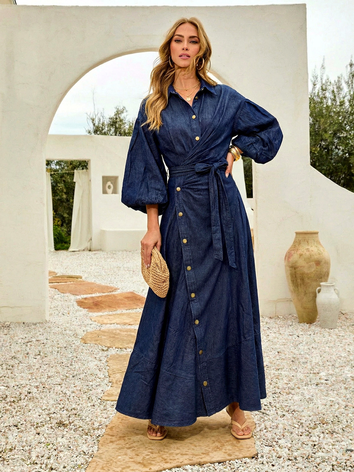 Women's Denim Shirt Dress Seven Quarter Sleeve Loose Casual Spring Dress in Dark Blue - product view