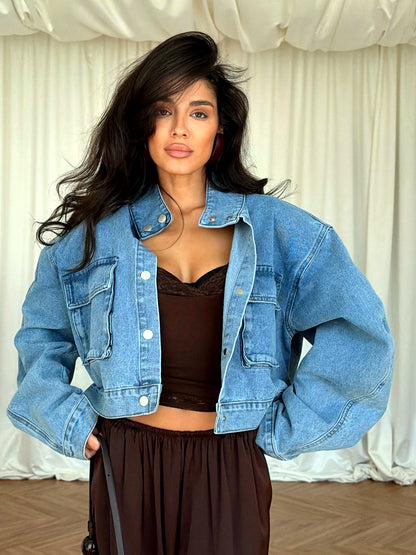 Women's Washed Denim Relaxed-Fit Stand-Collar Long-Sleeve Vintage-Inspired Jacket in Blue - product view