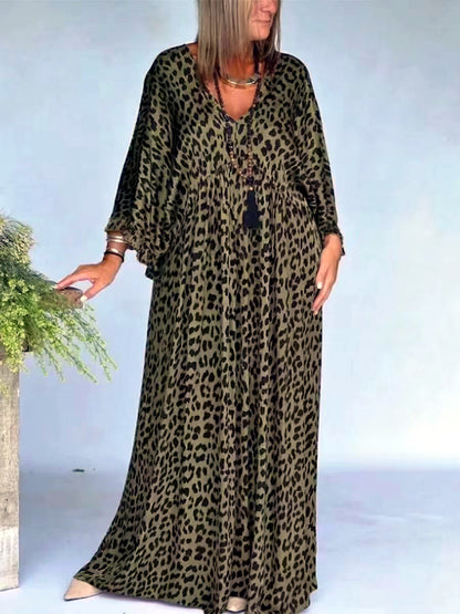 Knit Leopard-Print Printed V-Neck Pullover Relaxed-Fit Dress in Army Green - product view